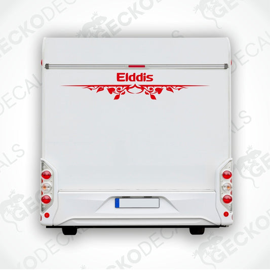 A white caravan rear with a red and white 'Elddis' brand decal.