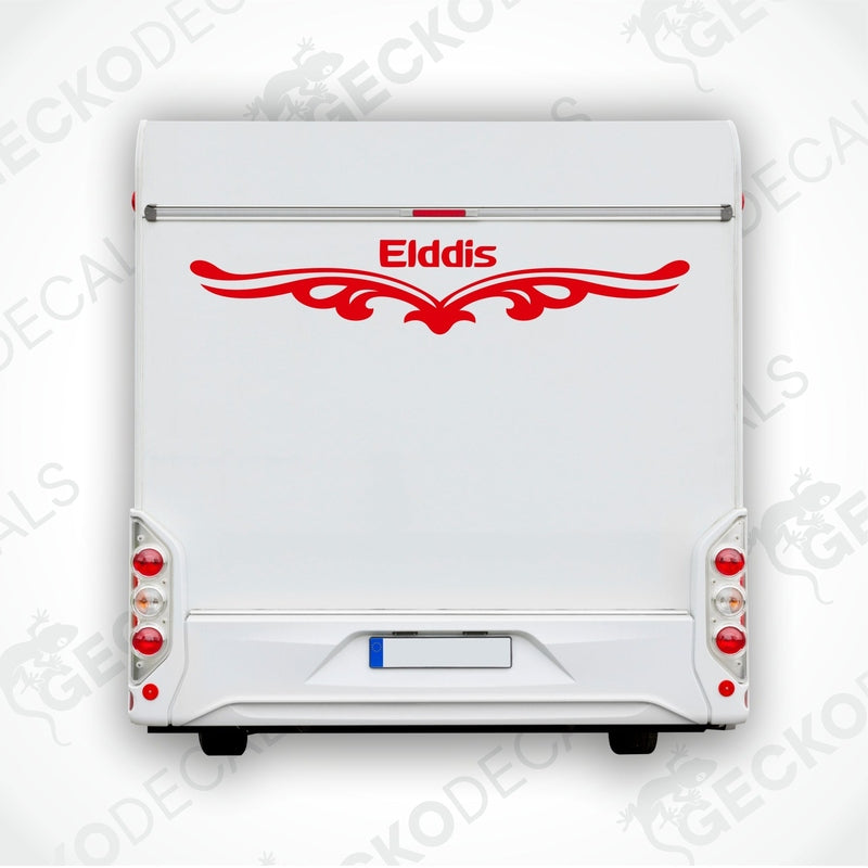 Rear decal of a white caravan with the ELDDIS brand logo in red and black.