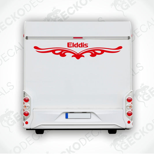 Rear decal of a white caravan with the ELDDIS brand logo in red and black.