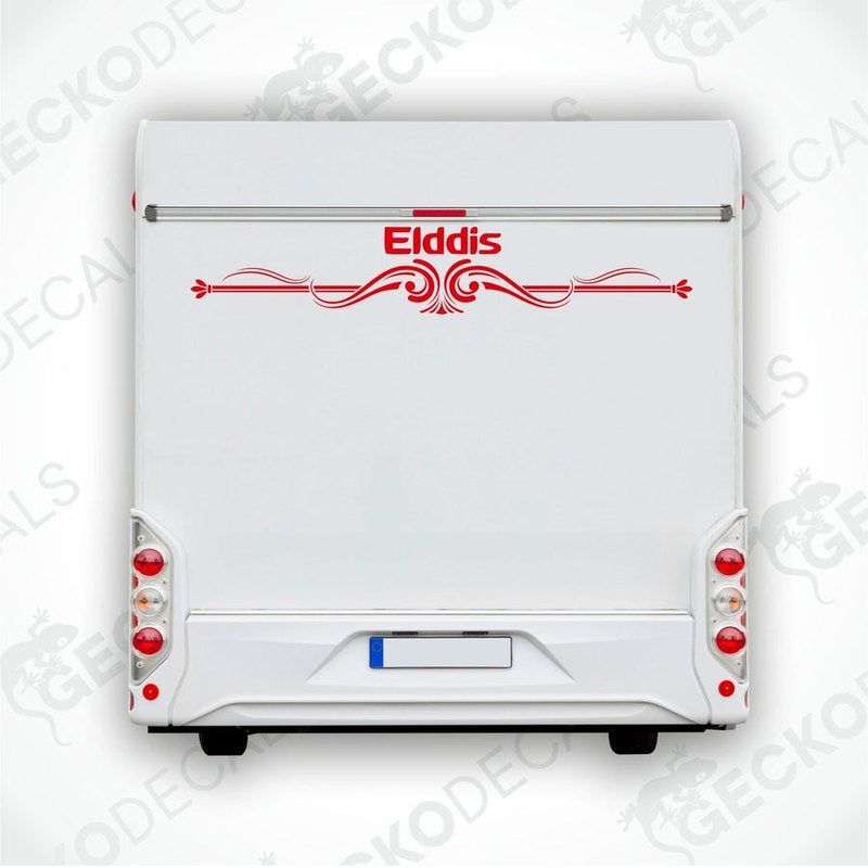 A white rear decal for a caravan with the brand name 'Elddis' written in red, accompanied by a decorative red swirl design.