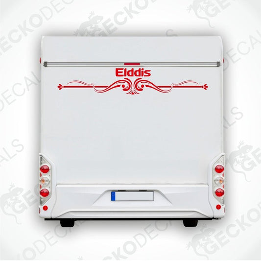A white rear decal for a caravan with the brand name 'Elddis' written in red, accompanied by a decorative red swirl design.