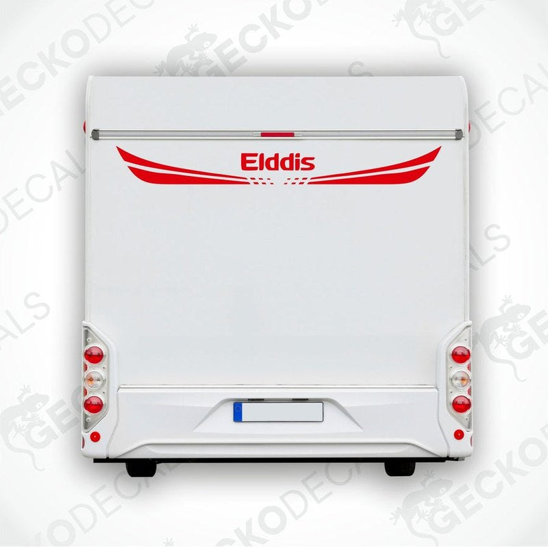 A white rear decal for a caravan with the 'Elddis' brand name and logo in red.