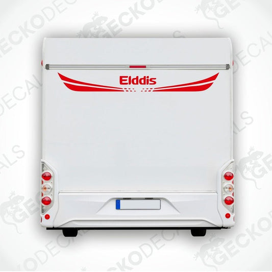 A white rear decal for a caravan with the 'Elddis' brand name and logo in red.