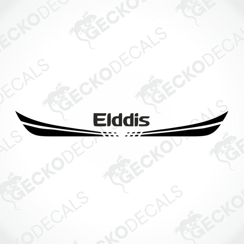 A white rear decal for a caravan with the 'Elddis' brand name and logo in red.