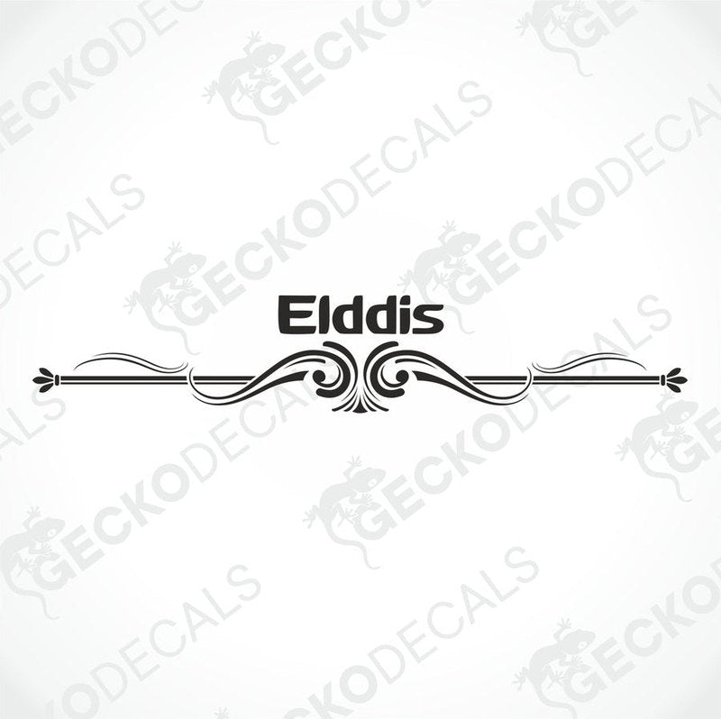 A white rear decal for a caravan with the brand name 'Elddis' written in red, accompanied by a decorative red swirl design.