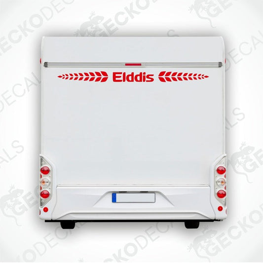 A white rear decal for a caravan with the 'Elddis' brand name and logo in red.