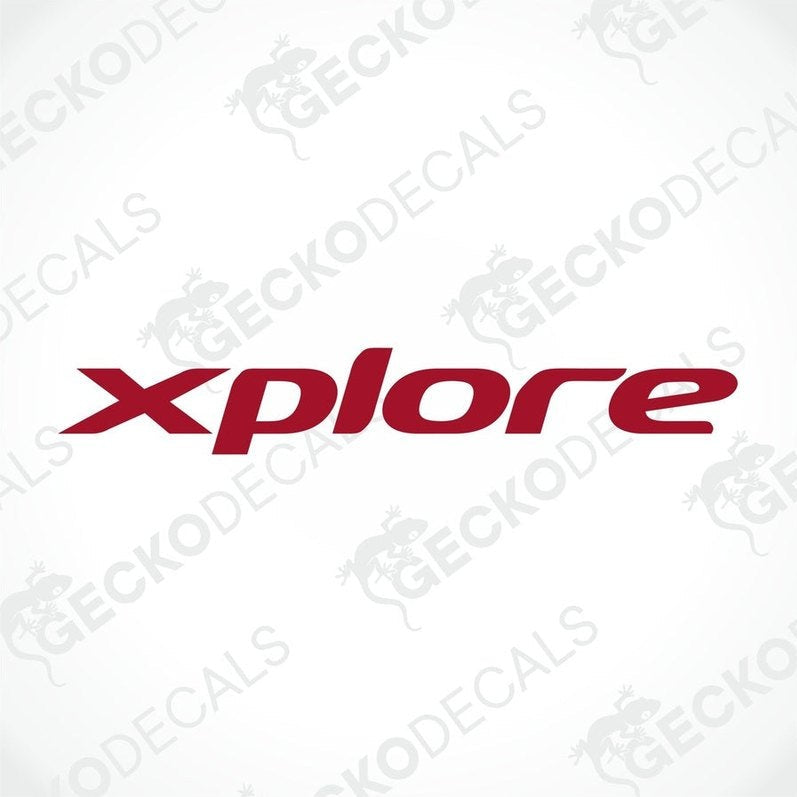 A red and white die cut sticker with the word 'XPLORE' printed on it, delivered on transfer paper.