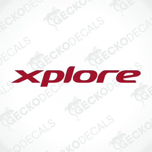 A red and white die cut sticker with the word 'XPLORE' printed on it, delivered on transfer paper.