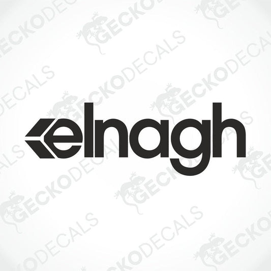 A black and white die cut sticker with the brand name ELNAGH.