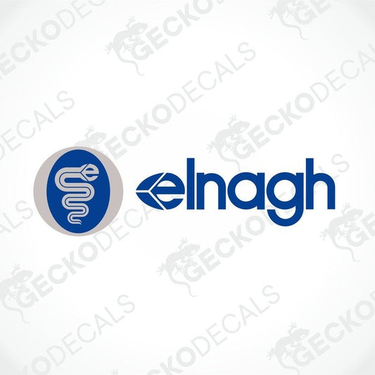 A die cut sticker with a printed logo and text, presumably representing a brand called 'ELNAGH'. The image has a white background.
