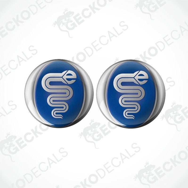 Two blue and white dome-shaped epoxy decals with a logo.