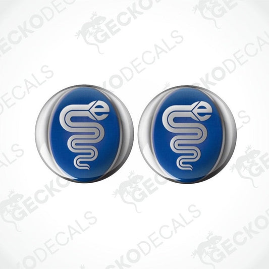 Two blue and white dome-shaped epoxy decals with a logo.