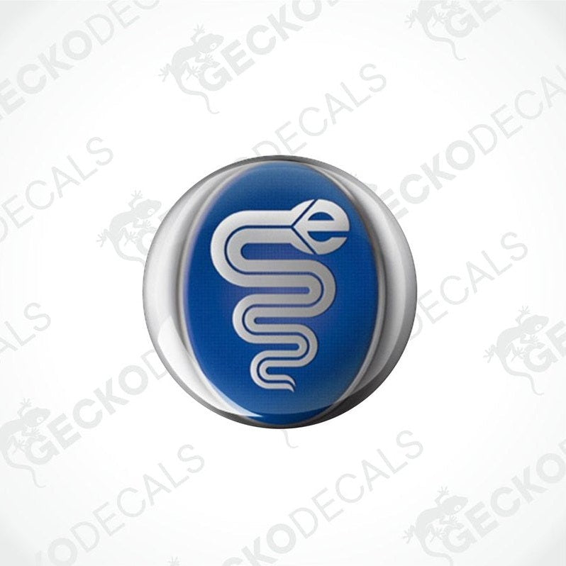 Two blue and white dome-shaped epoxy decals with a logo.