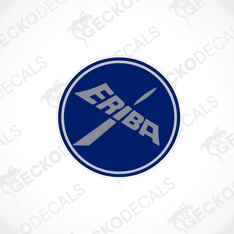 ERIBA navy blue circular car decal with gray text and crossed arrow graphic on transfer paper
