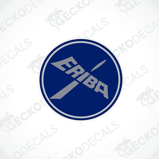 ERIBA navy blue circular car decal with gray text and crossed arrow graphic on transfer paper