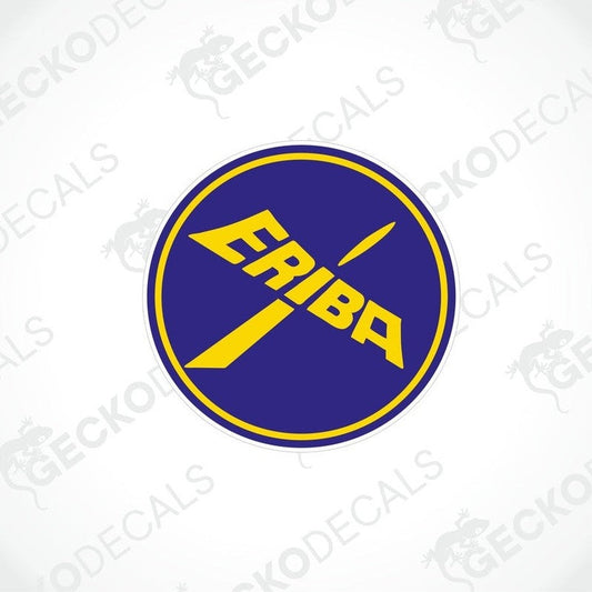A circular blue and yellow sticker with the text 'ERIBA' in diagonal stripes.