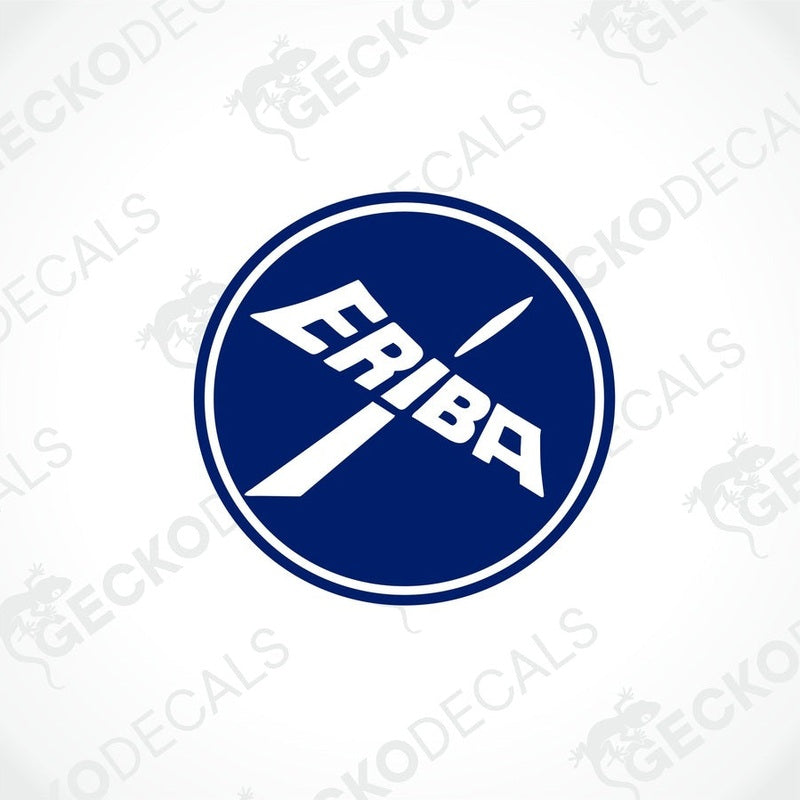 A circular blue sticker with the white text 'ERIBA' and a diagonal line design element.