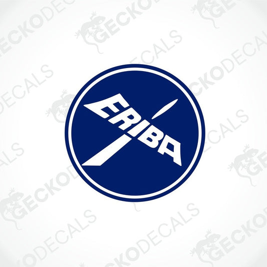 A circular blue sticker with the white text 'ERIBA' and a diagonal line design element.