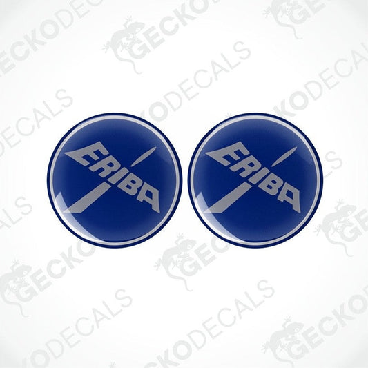 Two blue round epoxy decals with the white text 'ERIBA' on them, placed against a white background.