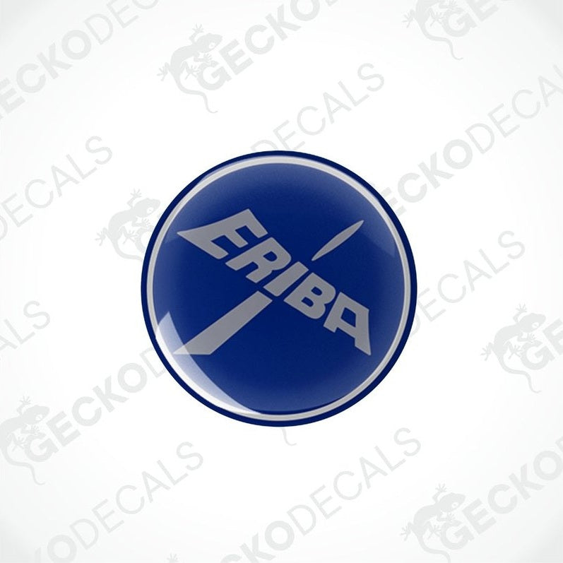 Two blue round epoxy decals with the white text 'ERIBA' on them, placed against a white background.