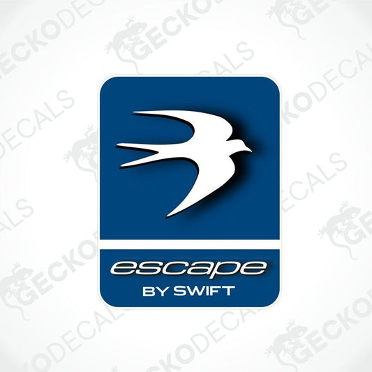 A blue decal with a white graphic of a bird and the text 'ESCAPE BY SWIFT'.