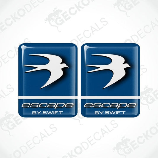 Blue domed epoxy decal with white bird and Escape by Swift text