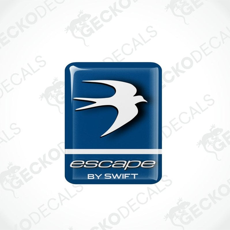 A blue vinyl decal with a white graphic of a bird and the text 'ESCAPE BY SWIFT'.