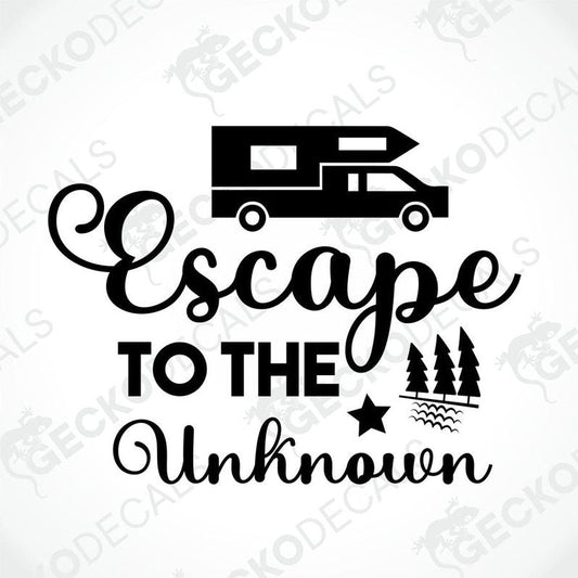 Black die-cut camper van decal with 'Escape to the Unknown' text and pine tree design