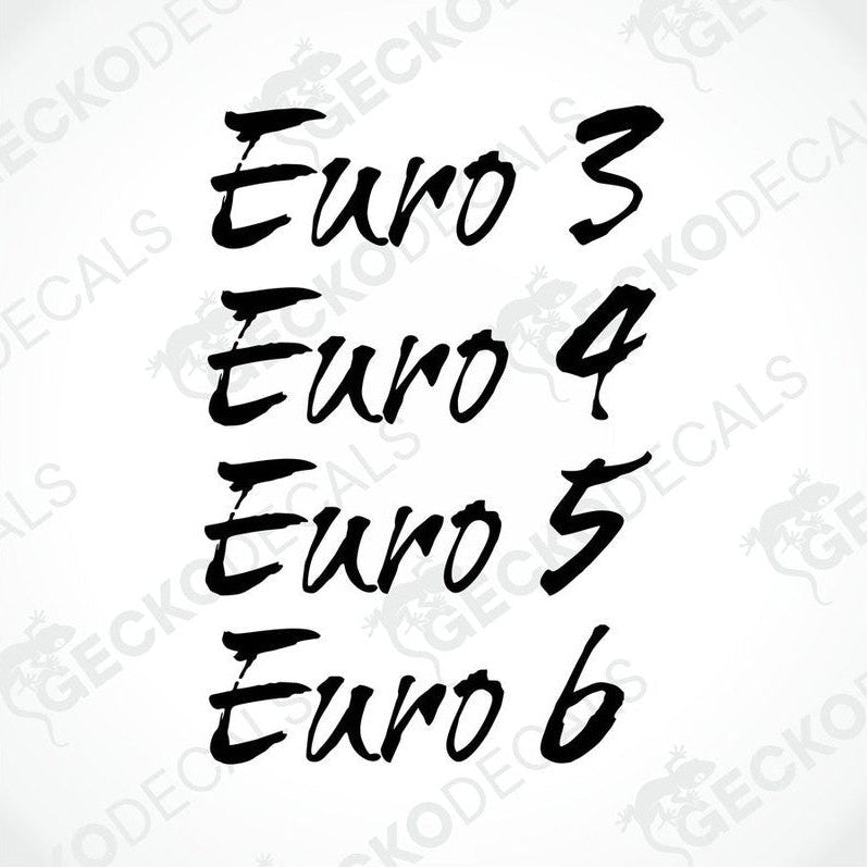 A set of four black decals with the word 'EURO' and numbers '3', '4', '5', and '6' written in a cursive script.