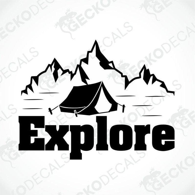 Black Explore mountain tent decal for camping gear