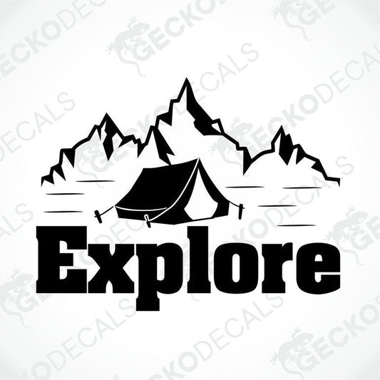Black Explore mountain tent decal for camping gear