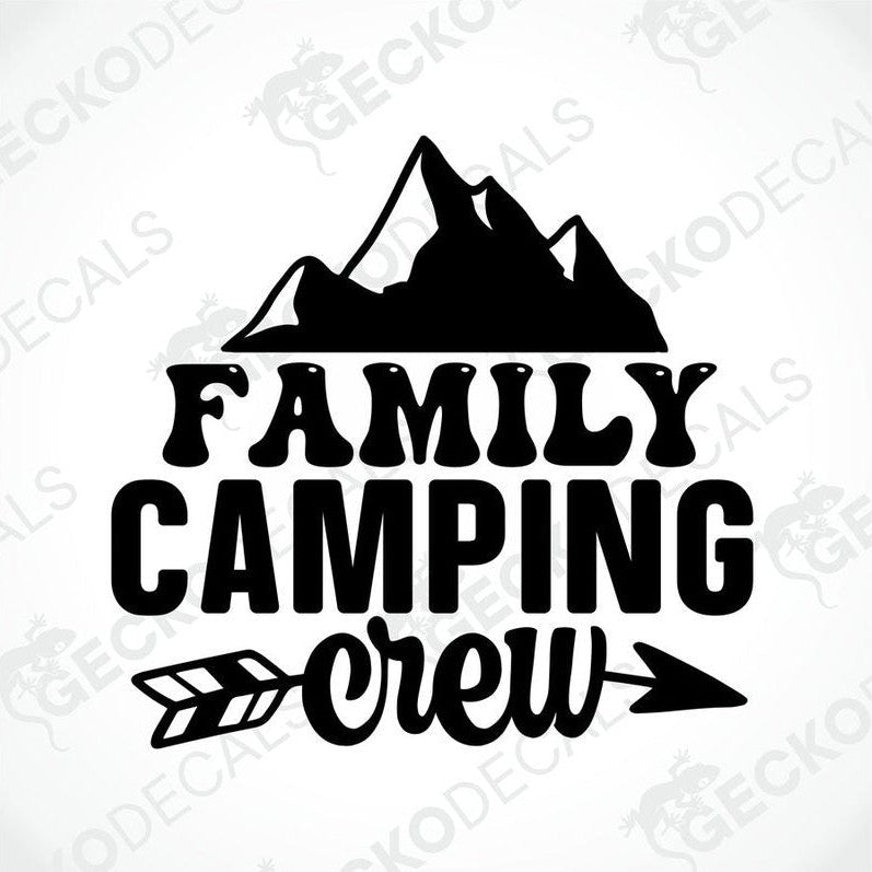 Black Family Camping Crew die-cut decal with mountain silhouette and arrow design