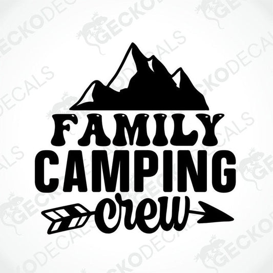 Black Family Camping Crew die-cut decal with mountain silhouette and arrow design