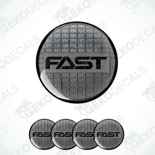 A set of four black vinyl stickers with the word 'FAST' and a geometric pattern in the background.