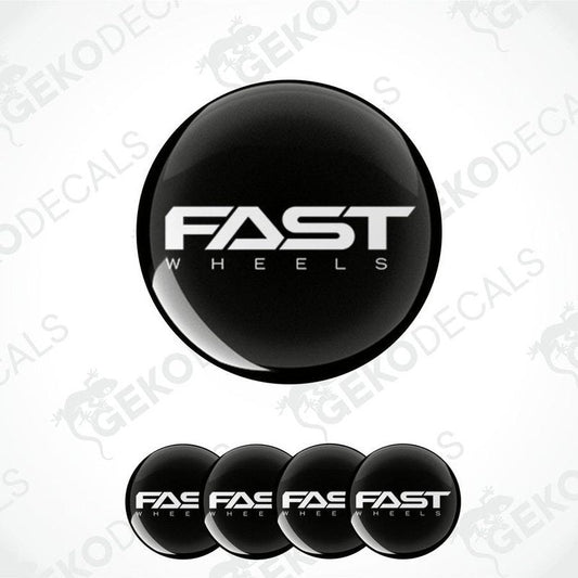 A set of four black vinyl stickers with the text 'FAST WHEELS' in white. Each sticker has a white border and the Gecko Decals logo is visible on the top left.