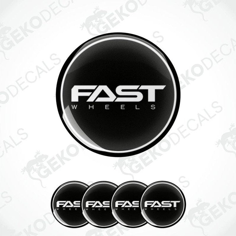 A set of four black vinyl stickers with the text 'FAST WHEELS' in white. Each sticker has a white border and the Gecko Decals logo is visible on the top left.