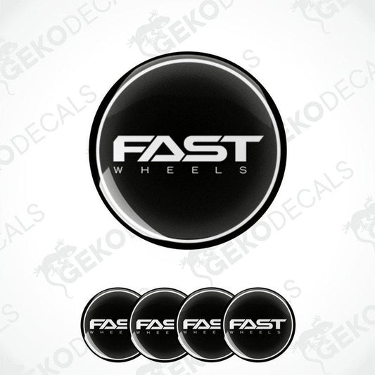 A set of four black vinyl stickers with the text 'FAST WHEELS' in white. Each sticker has a white border and the Gecko Decals logo is visible on the top left.
