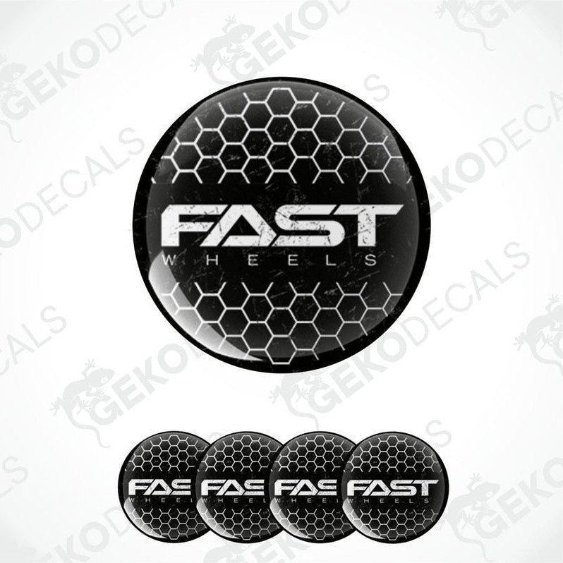 A set of vinyl decals for car wheels, featuring the text 'FAST WHEELS' on a black background with a hexagonal pattern.