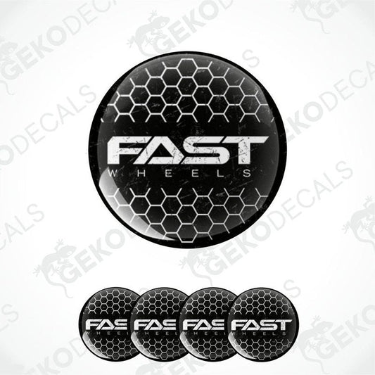 A set of vinyl decals for car wheels, featuring the text 'FAST WHEELS' on a black background with a hexagonal pattern.