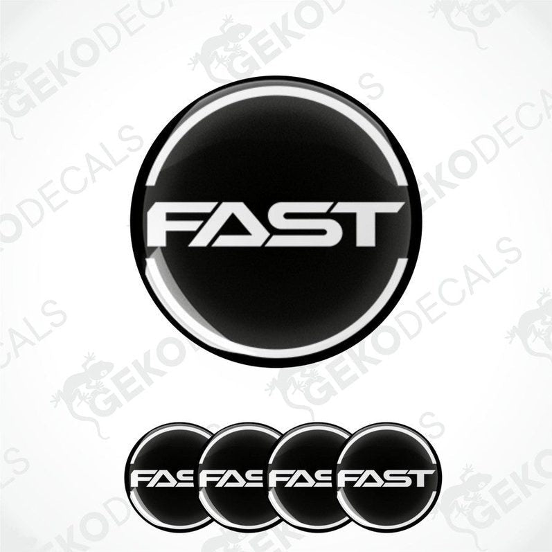A set of four black vinyl stickers with the word 'FAST' in white letters, arranged in a circular pattern with a visible Gecko Decals logo in the top right corner.