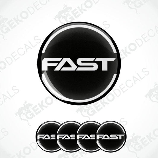 A set of four black vinyl stickers with the word 'FAST' in white letters, arranged in a circular pattern with a visible Gecko Decals logo in the top right corner.