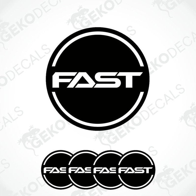 A set of four black vinyl stickers with the word 'FAST' in white letters, arranged in a circular pattern with a visible Gecko Decals logo in the top right corner.
