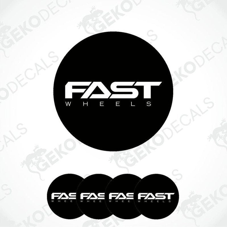 A set of four black vinyl stickers with the text 'FAST WHEELS' in white. Each sticker has a white border and the Gecko Decals logo is visible on the top left.