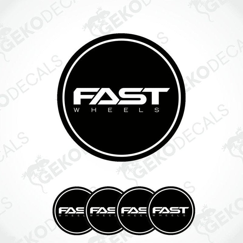 A set of four black vinyl stickers with the text 'FAST WHEELS' in white. Each sticker has a white border and the Gecko Decals logo is visible on the top left.