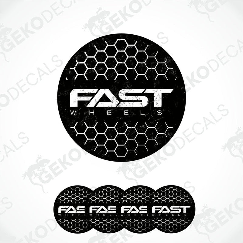 A set of vinyl decals for car wheels, featuring the text 'FAST WHEELS' on a black background with a hexagonal pattern.