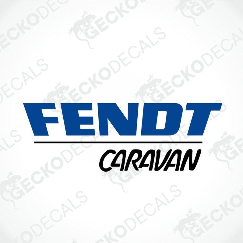 A die cut sticker with the text 'FENDT CARAVAN' in blue and black colors on a white background.