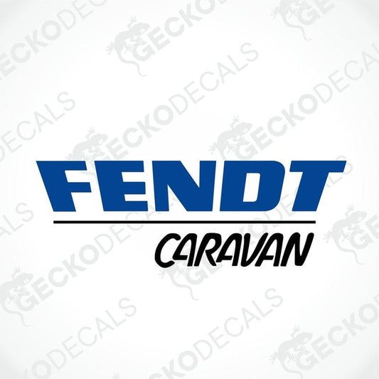 A die cut sticker with the text 'FENDT CARAVAN' in blue and black colors on a white background.