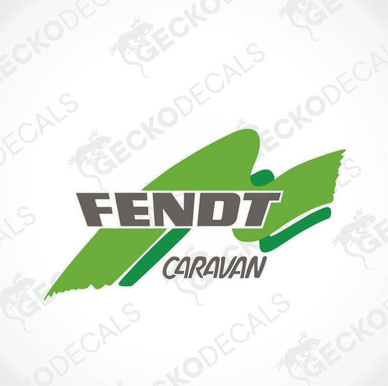 A green, white, and gray die-cut sticker decal with the text 'FENDT CARAVAN' and a leaf symbol.