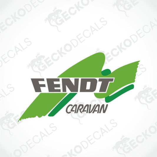 A green, white, and gray die-cut sticker decal with the text 'FENDT CARAVAN' and a leaf symbol.