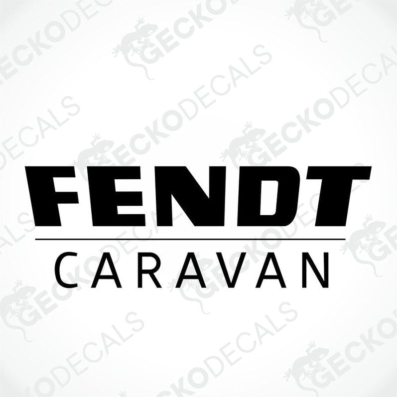 A black and white sticker with the text 'FENDT CARAVAN' on it, placed on a surface with a watermark saying 'geckodecals'.